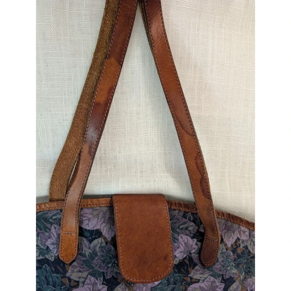 Vintage Laura Ashley Purple Floral Canvas w/ Leather Strap Tote Bag Shoulder Bag